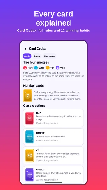 Prism Riot screenshot — Card Codex: every card and rule explained in-game