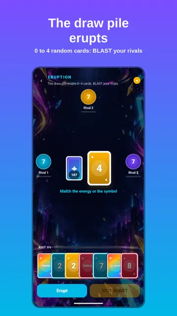 Prism Riot screenshot — Eruption: the draw pile erupts 0–4 cards
