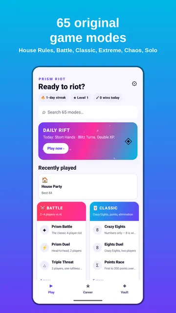 Prism Riot screenshot — Home board with every mode grouped by category