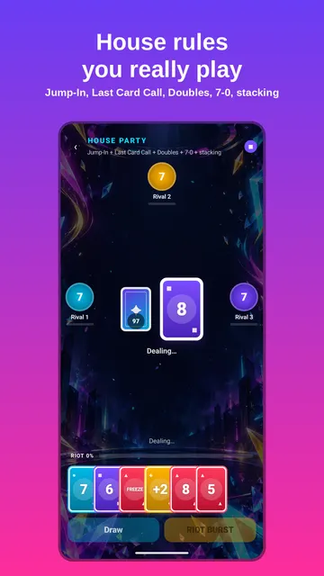 Prism Riot screenshot — House Party: jump-in, last card call, doubles, 7-0 and stacking at one table